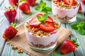 A bowl of strawberry yogurt with fresh strawberries and mint leaves