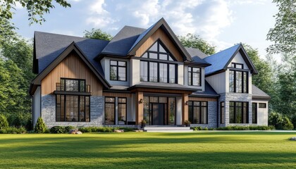 a modern two-story house with a gable roof, light gray and white walls, wooden accents on the windows and doors, a green lawn in the front yard, trees around the home
