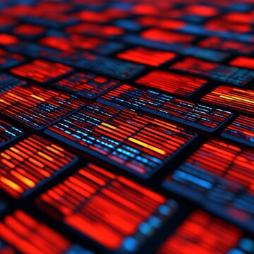 Abstract digital visualization of data in red and blue tones.