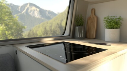 A black glass single-burner induction an off-white caravan kitchen. 