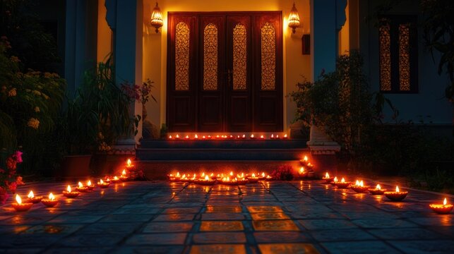 Village home with illuminated steps for Diwali celebration