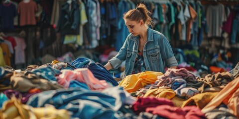Obraz premium A woman in a denim jacket working at a thrift store, sorting through piles of donated clothing. A charitable activity that helps people with affordable fashion options.