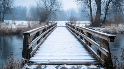 Fototapeta premium View of wooden bridge for cross the river in winter season