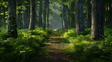 A serene forest path surrounded by tall trees and lush greenery, inviting exploration and tranquility.