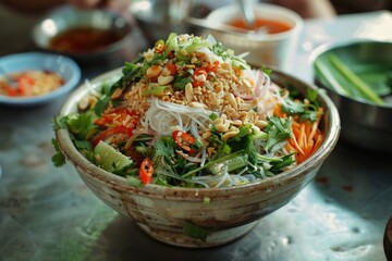 A delicious bowl of rice noodle salad with peanuts, vegetables and greens.