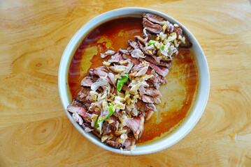 Sliced roast beef with spice and garlic, Thai food