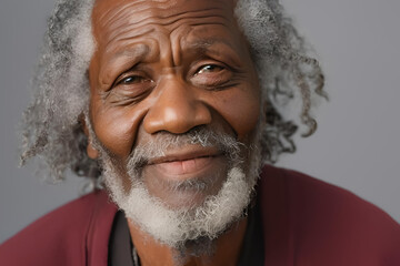 Senior elderly man, looking at the camera, close up. He is smiling, has long grey hair.