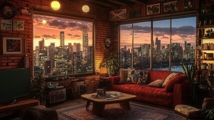 Eclectic living room filled with vintage accents, patterned textiles, and a panoramic city skyline view glowing at dusk.