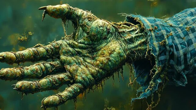 Decaying zombie hand reaching up from murky water