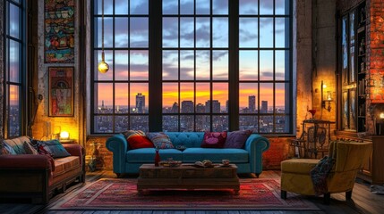 Retro-style living room with antique furniture, colorful accents, and a cityscape view through tall...