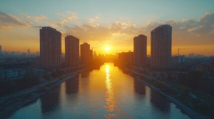 Fototapeta premium A vibrant orange sunset casts a warm glow over a city skyline and river.