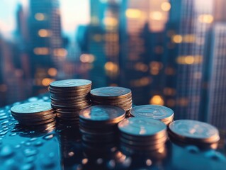 A stack of metallic coins on a reflective surface, suggesting themes of wealth, finance, and investment.