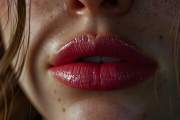 Naklejka premium Close-up of a fair-skinned woman's lips, showcasing natural texture and a glossy finish, framed by soft, wavy hair.