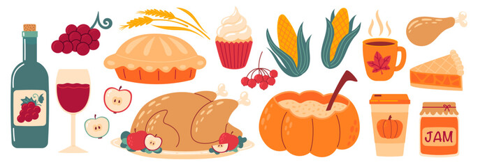 Thanksgiving food. Autumn holiday, traditional dishes, harvest festival, pumpkins, turkey and pie, corn, wine and harvest. Flat Vector illustration isolated on white background
