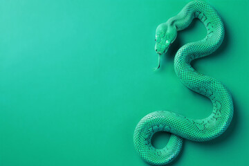 Fototapeta premium Stunning blue snake with tongue on a vibrant blue background with text copy space