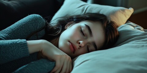 Dreamy night scene with young woman sleeping peacefully on her stomach with her hair falling over the pillow. Soft lighting and cozy bedding. Sense of tranquility.