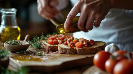 Woman preparing traditional Spanish pa amb tomaquet by rubbing crispy toast with aromatic garlic, ripe tomatoes, and olive oil, infusing bread with Mediterranean flavor and aroma