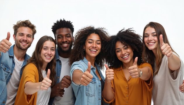 Diverse Group of Young Adults Smiling and Giving Thumbs Up Gestures in a Positive Atmosphere