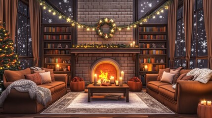 Obraz premium A cozy living room with warm lighting, comfortable sofas and blankets, a fireplace burning in the background.