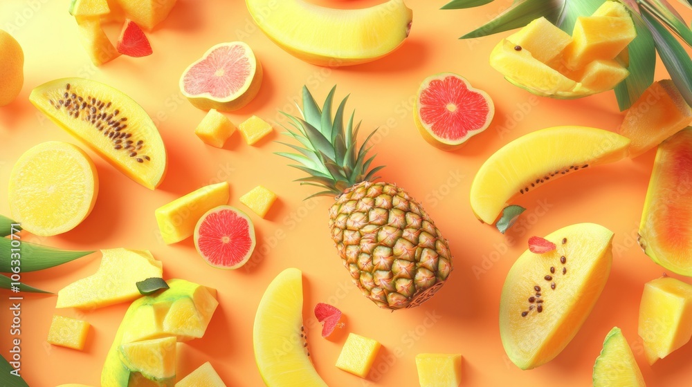 Poster slices of tropical fruits such as pineapples, mangoes, and papayas scatter across a vibrant backgrou
