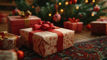 Wrapping presents under a decorated Christmas tree, with colorful paper, bows, and festive ornaments scattered around. 4K hyperrealistic photo.