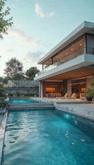 Fototapeta premium A stunning luxury villa features an infinity pool, lush surroundings, and elegant outdoor seating, perfect for a summer getaway in a serene environment