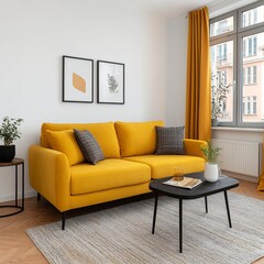 Cozy living room with a bright yellow sofa and modern decor.