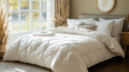 Obraz premium A comfortable bed with fluffy pillows and a quilted duvet, set in a serene bedroom with natural light streaming in through the window