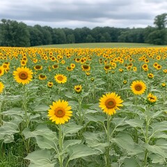Obraz premium A vibrant field of sunflowers under a cloudy sky.