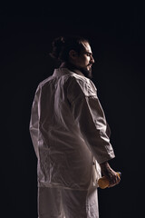 portrait of a brazilian man with samurai costume