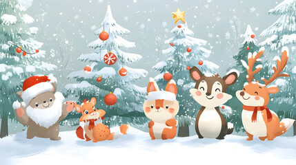 Scene of cute cartoon animals celebrating Christmas, dancing and sharing gifts.
