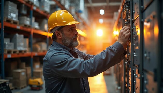 A Man Inspects an Electrical Panel in a Warehouse Ensuring Safety and Compliance with Industry Standards