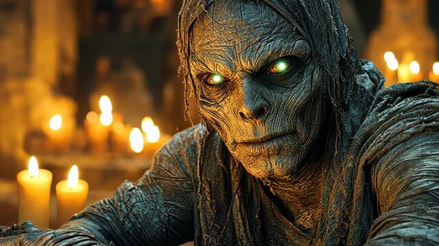 Awakening of a revived mummy in a candlelit tomb