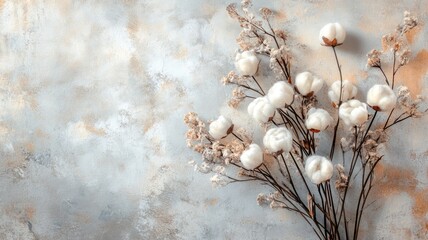 Cotton flowers and dried branches against textured background