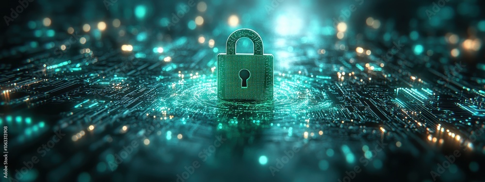 Poster secure digital network with futuristic lock symbolizing cybersecurity and data protection in a virtu