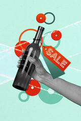 Obraz premium Composite trend artwork 3D collage of sale banner commerce limited low price human hand appear hold glass bottle wine alcohol drink bar