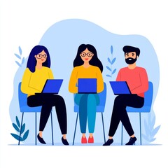 Three people working on laptops in a casual setting.