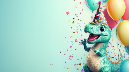 Fototapeta premium Cartoon dinosaur celebrating with balloons and confetti