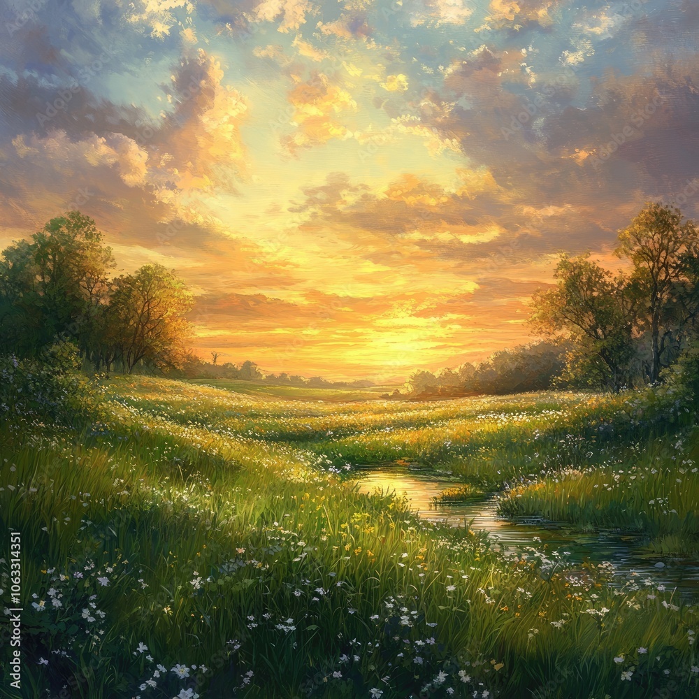 Poster Sunset over a lush, green spring meadow 