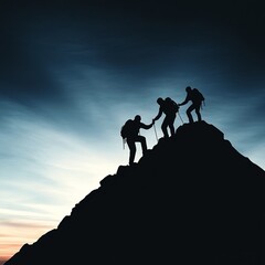 Silhouetted climbers reaching the summit against a dramatic sky.