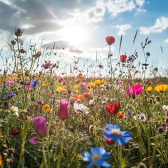 Vivid summer wildflowers in a sun-drenched field 