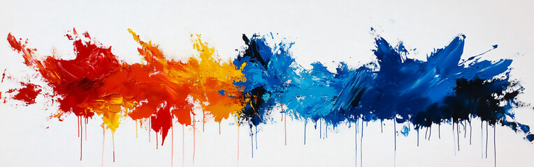 Fototapeta premium An abstract painting with vibrant strokes and splashes of blue, yellow, orange, red, and black on a white background. Perfect for art content, decor, and stylish interiors. 
