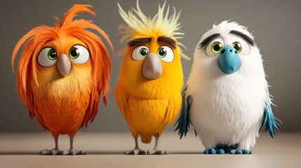 Three funny cartoon characters standing next, orange parrot, long hair and green eyes, sad, 