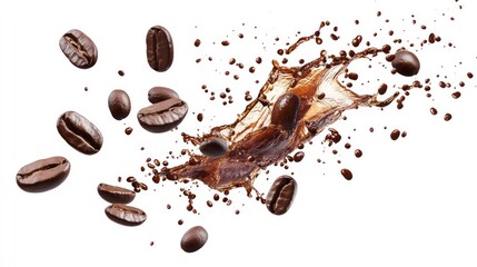 A dynamic splash of coffee with beans, capturing the essence of energy and flavor.