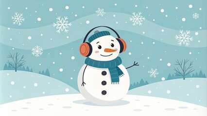 Fototapeta premium Cheerful snowman in a snowy landscape, wearing headphones and a scarf, bringing holiday joy and winter charm.