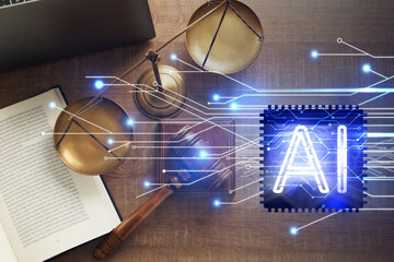 Artificial intelligence and law. AI abbreviation and judge's table with gavel and scales of justice