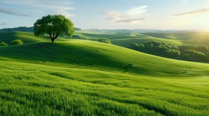 Obraz premium A serene landscape featuring rolling green hills, lush grass, and a single tree under a bright, blue sky.