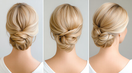 Elegant blonde updo hairstyles showcasing three different styles, perfect for weddings or formal events, on a simple background.