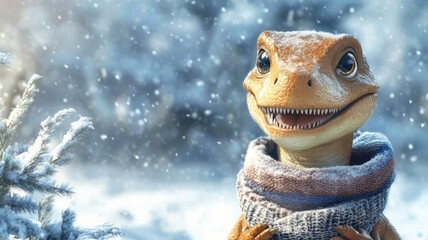 Obraz premium Smiling dinosaur wearing scarf in snowy forest, enjoying winter