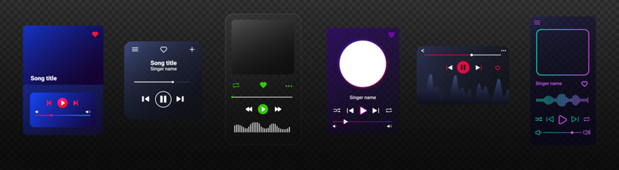 Modern, colorful music player UI with gradient design and essential buttons like play, pause, stop, and rewind. Ideal for mobile and web, allowing easy track navigation and playlist control.